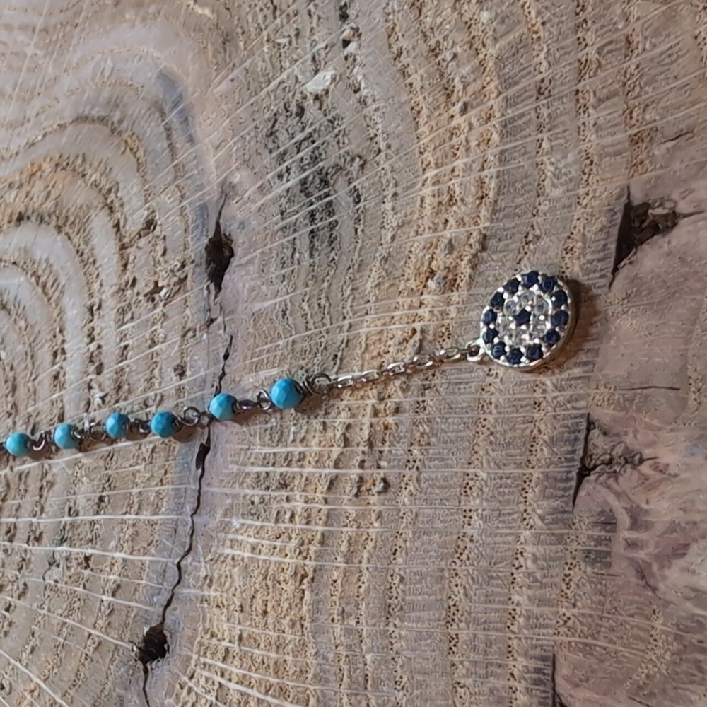 Elegant Gold Necklace with Sapphire Turqioise Accents and Evil Eye Design - Picture 3 of 12